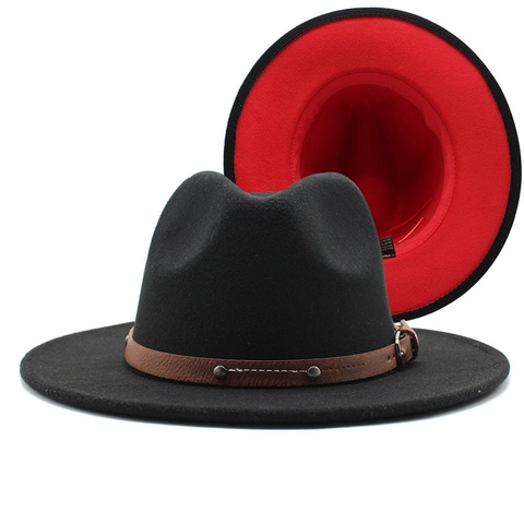 Contrast Color Wide Brim Fedora Hat Wool Felt Jazz Cap With Leather Belt Rivet Vintage Unisex