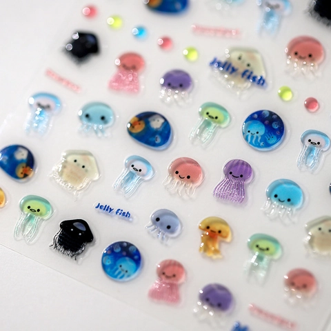 Autocollants Art Des Ongles Méduse Dessin Animé 3D Jelly Auto Adhésifs Transparent Coloré Été Océan Manucure