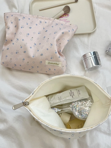 Trousse De Maquillage Florale Grande Capacité Pochette Maquillage Polyester Toile Organisateur De Toilette Style Coréen