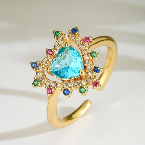 Bague Ajustable Ouverte En Forme De Cœur De Style Bohème Pour Femmes Cuivre Plaqué Or 18K Avec Pierres De Zircone Colorées