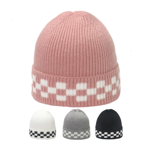 Beanie Strickmütze Acryl Schachbrettmuster Aufschlag Winter Warm Casual Streetwear Accessoire Für Herren Damen