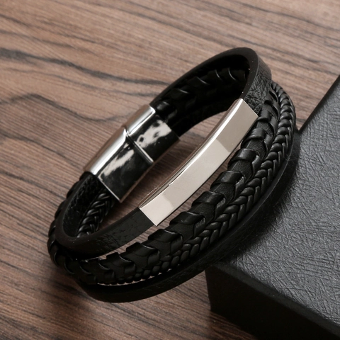 Pulsera De Cuero Trenzado Multicapa Para Hombre Con Placa De Metal De Acero Inoxidable Cierre Magnético Joyería Punk