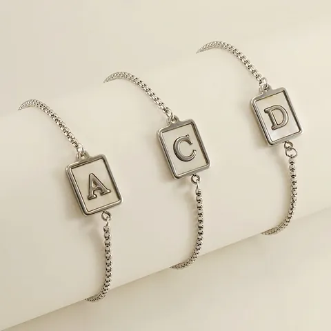 Stainless Steel Initial Letter Bracelet Mother Of Artificial Pearl Shell Rectangular Pendant Adjustable Slider Jewelry For Women