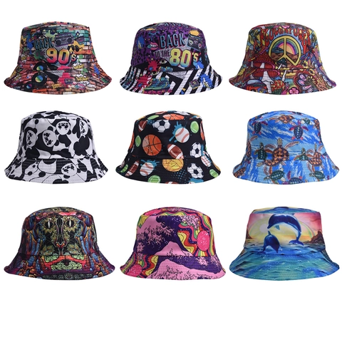Unisex Omkeerbare Vissershoed Katoen Polyester Bedrukt Graffiti Panda Dolfijn Zonbescherming Outdoor Zomer Mode