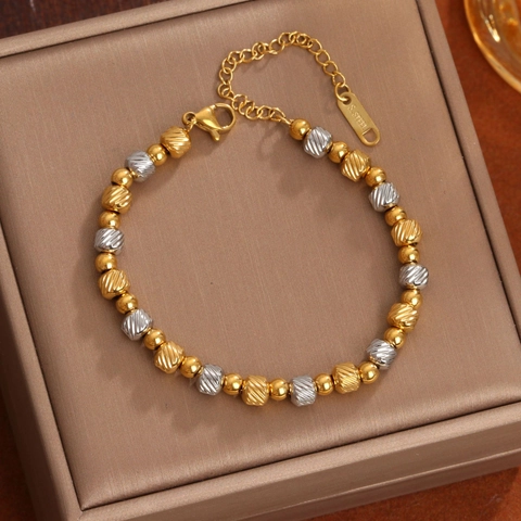 Bracciale Di Perline In Acciaio Inossidabile Placcato Oro 18K Perline Con Motivi Sfaccettati Catena Di Estensione Regolabile Gioielli Eleganti Da Donna