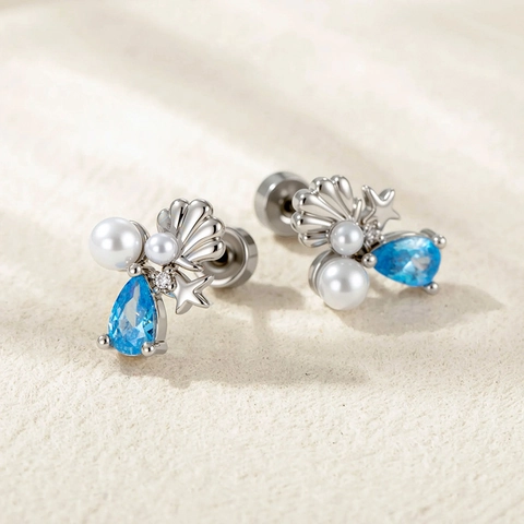 Ocean Theme Cartilage Earring Stud Blue Zircon Starfish Shell Artificial Pearl Stainless Steel Copper Jewelry
