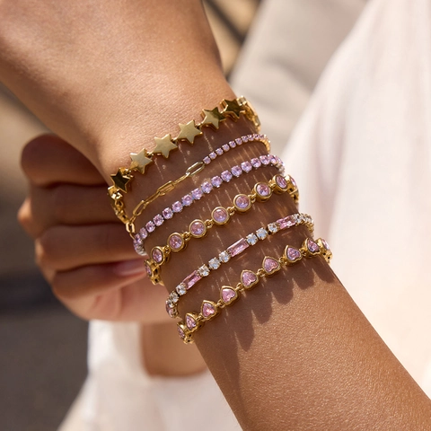 Bracciale In Acciaio Inossidabile Con Zircone Rosa Cuore E Stella Impermeabile Ipoallergenico Gioielli Per Donne