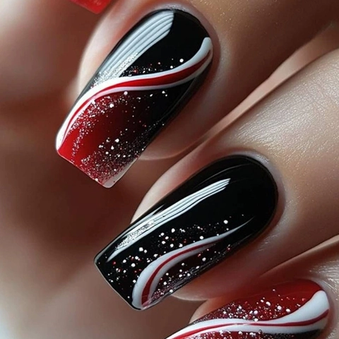 Uñas Postizas Press On Forma Ataúd Larga Negro Rojo Patrón Remolino Brillo Plateado Brillante