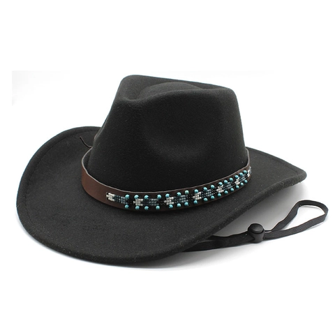 Chapeau De Cowboy Occidental Feutre De Laine Large Bord Bande Cuir Perlé Jugulaire Réglable Style Rétro Extérieur