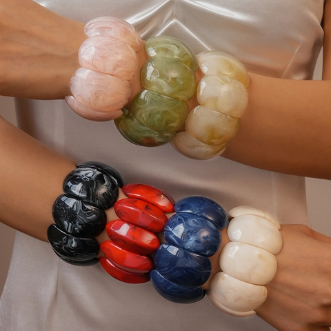 Bracciale In Resina Acrilica Trama Marmo Grosso Blocco Geometrico Patchwork Elastico Braccialetto Gioielli Boho Dichiarazione Donne
