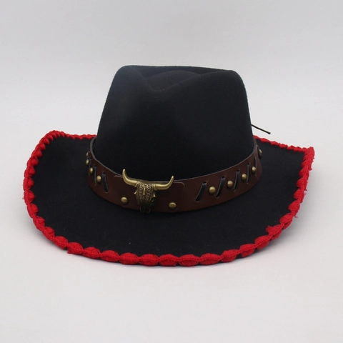 Western Cowboy Hat Felt Faux Leather Band Metal Bull Head Ornament Vintage Jazz Fedora Ethnic For Unisex