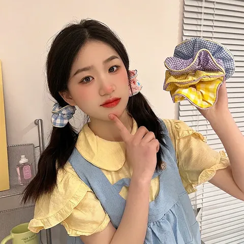 Gingham Checkered Fabric Scrunchies Candy Color Elastic Hair Ties With Heart Label Sweet Soft Hair Accessories For Girls Women