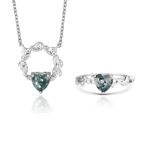 925 Sterlingsilber Moosachat Herz Anhänger Halskette Offener Ring Ohrstecker Für Damen Vintage Botanischer Schmuck Geschenk