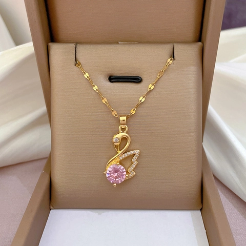 Schwan Anhänger Halskette Titanstahl Kupfer Rosa Runder Zirkonia Mikro Eingelegt Elegant Schmuck Für Frauen