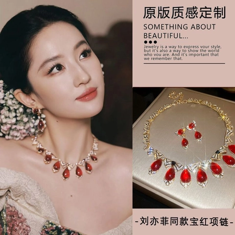 Red Water Drop Pendant Necklace And Earring Alloy Jewelry With Clear Zircon Elegant Wedding Party Jewelry For Women