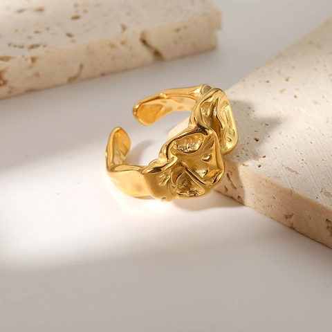 Irregular Lava Texture Open Ring Stainless Steel Gold Plated Liquid Metal Style Adjustable Minimalist Jewelry For Women Men