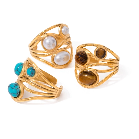 Bohemian Stainless Steel 18K Gold Plated Open Ring For Women Vintage Multi Layer Turquoise Tiger Eye Artificial Pearl Inlaid Ring