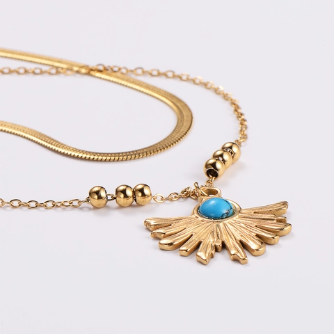 Double Layer Necklace 18K Gold Plated Stainless Steel Sunburst Pendant Blue Stone Bohemian Retro Jewelry For Women