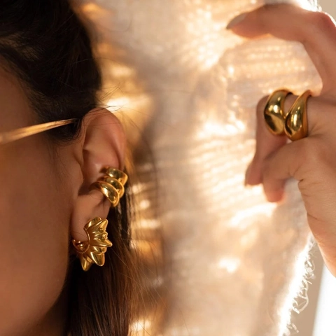 Orecchini a Bottone a Raggio di Sole in Rame Placcato Oro 18K Vintage per Donna Orecchini a Punta a Forma di C Retrò