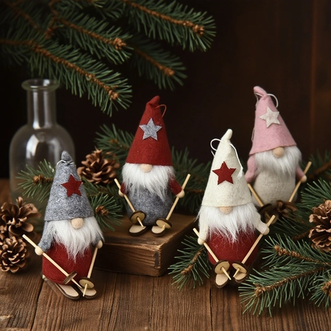 Gnomo Di Natale Sci Bambola Senza Volto Ornamento Appeso Feltro Legno Decorazione Albero Festivo Nordico