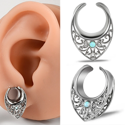 Stainless Steel Hollow Pattern Ear Gauges Saddle Plugs With Artificial Opal Inlay Silver Ear Piercing Jewelry For Men Women