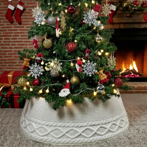 Christmas Tree Collar Knitted Polyester Cable Knit Texture Holiday Home Decoration Party Base Cover Reusable