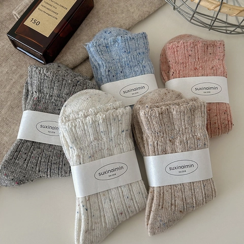 Women Slouch Socks Wool Blend Warm Thickened Winter Japanese Mori Style Ruffle Lace Trim Speckled Tweed Knit Mid Calf
