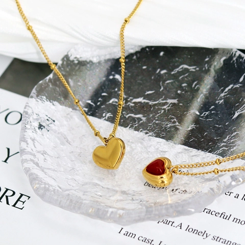 Collana Pendente Cuore Acciaio Titanio Pietra Agata Naturale Forma Cuore Dimensionale Catena Satellite Gioielli Vintage Donna