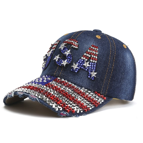 Women Fashion Polyester Denim Style Baseball Cap USA Flag Rhinestone Studded Distressed Adjustable Sun Hat Peaked Cap