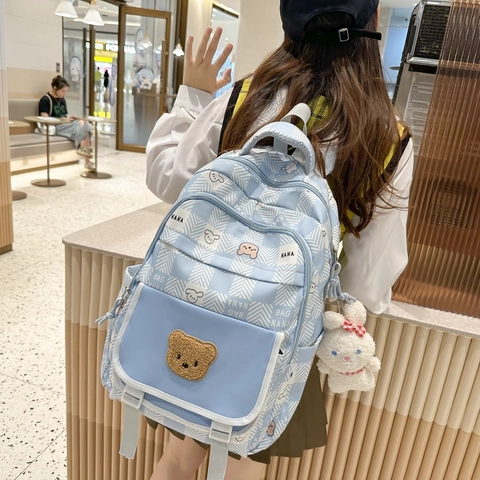 Cute Bear Plaid Backpack For Girls School Large Capacity Nylon Student Rucksack With Plush Rabbit Pendant