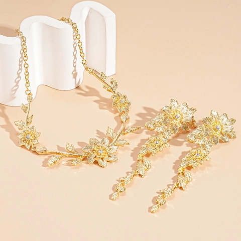 Fiore Foglia Lega Strass Metallico Floreale Pendente Collana E Orecchini Pendenti Con Perno In Argento Per Donna Elegante