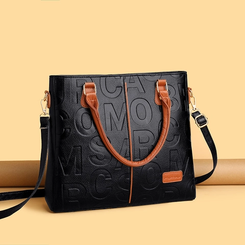 Women Handbag PU Leather Large Capacity Embossed Letter Tote Bag Contrasting Color Crossbody Purse With Detachable Strap
