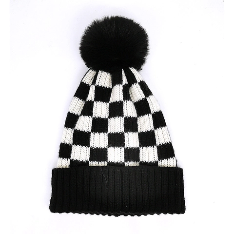Gorro De Punto De Tablero De Ajedrez Con Pompon De Piel Sintetica Invierno Calido De Acrilico Para Mujer Hombre