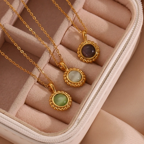 Collar De Pendiente Retro De Acero Inoxidable Redondo De Piedra De Ojo De Gato Artificial Diseño De Sol Pequeño Joyería Mujer