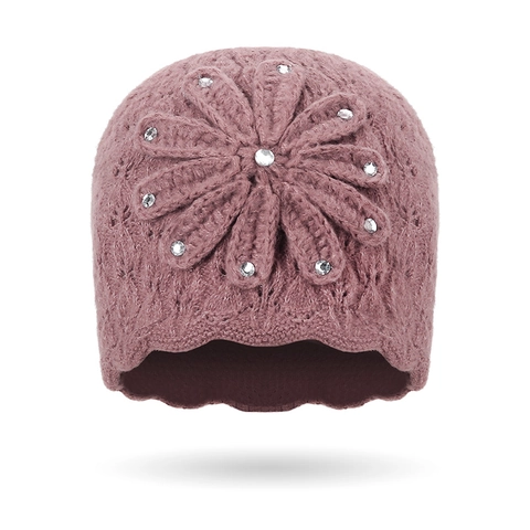 Gorro De Punto Para Mujer Invierno Cálido Doble Capa Con Flor Ganchillo 3D Diamantes Elegante Borde Ondulado