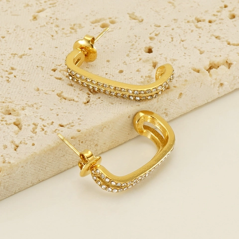 Dubbele Rij Strass Hoop Oorbellen 18K Verguld Roestvrij Staal Geometrische U Vorm Minimalistische Luxe Sieraden Dames