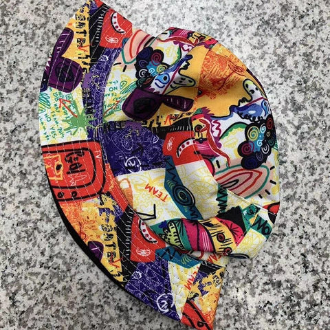 Fashion Double-Sided Graffiti Bucket Hat Polyester Sunshade Outdoor Hip Hop Streetwear Fisherman Hat For Men Women