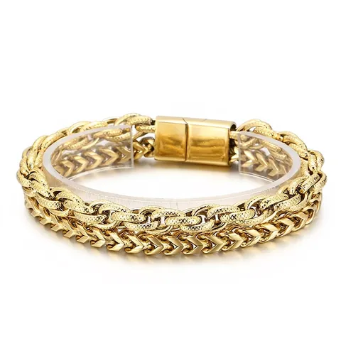 Men Double Layer Chain Bracelet 316L Stainless Steel Wheat And Box Chain Magnetic Buckle Hip Hop Streetwear Jewelry