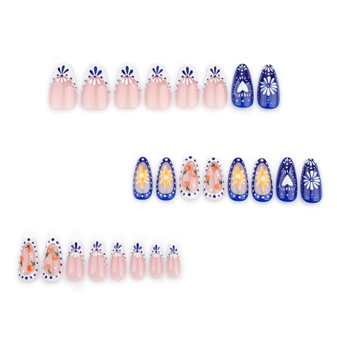 French Blue White Press On Nails Almond Shape Floral Heart Sun Fruit Patterns Bohemian Retro Style For Women