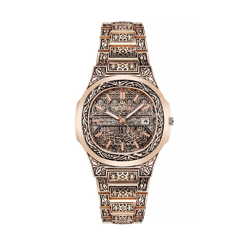 Men Vintage Carved Quartz Watch Stainless Steel Strap Alloy Case Arabic Calligraphy Calendar Display Fashion Wristwatch