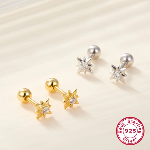 Pendientes de Botón de Plata de Ley 925 Octagrama Diamante de Imitación Minimalista Estrella de Ocho Puntas con Rosca Mujer