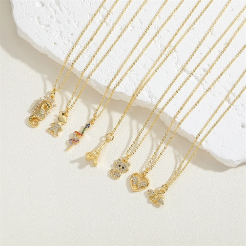 Anhänger Halskette Kupfer 14K Vergoldet Zirkonia Tier Biene Katze Schlange Seepferdchen Eiffelturm Trendy Schmuck Damen