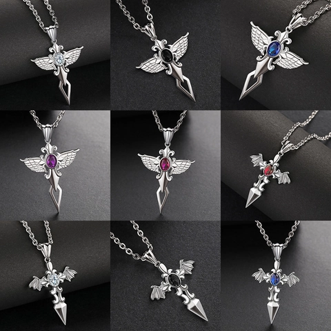 Edelstahl Kreuz Anhänger Halskette Für Herren Hip Hop Engel Flügel Schwert Legierung Strass Gothic Vintage Schmuck