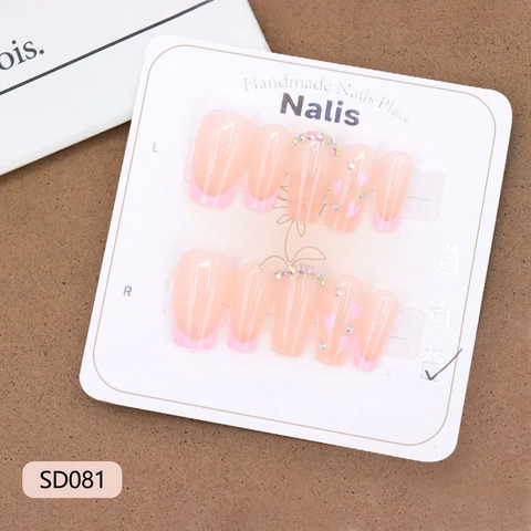 Handmade Long Coffin Press On Nails Pink French Heart Pattern Rhinestone Artificial Fingernails Sweet Style Manicure For Women