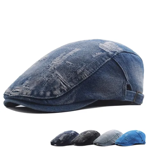 Béret En Jean Délavé Avec Trous Usés Boucle Métallique Réglable Rétro Casual Ivy Plate Casquette