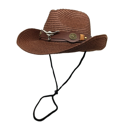 Western Cowboy Straw Hat Wide Brim Sun Protection Breathable Retro Summer Beach With Leather Band Metal Bull Head Windproof Cord