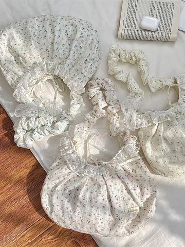 Floral Print Lace Shoulder Bag Polyester Ruffle Pleated Strap French Vintage Sweet Bow Underarm Tote Women