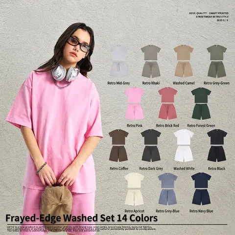 Ανδρικό Βαμβακερό T-Shirt Και Σορτς Πλυμένο Oversize Drop Shoulder Streetwear Vintage Casual Σύνολο