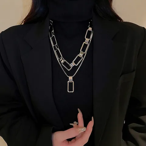 Layered Necklace Alloy Geometric Rectangle Pendant Paperclip And Snake Chain Minimalist Punk Jewelry For Women
