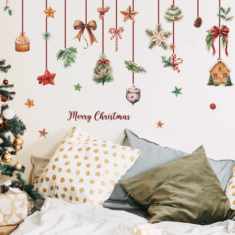 Adesivi Murali Natale PVC Acquerello Pino Casa Di Pan Di Zenzero Fiocchi Per Decorazione Casa Buon Natale